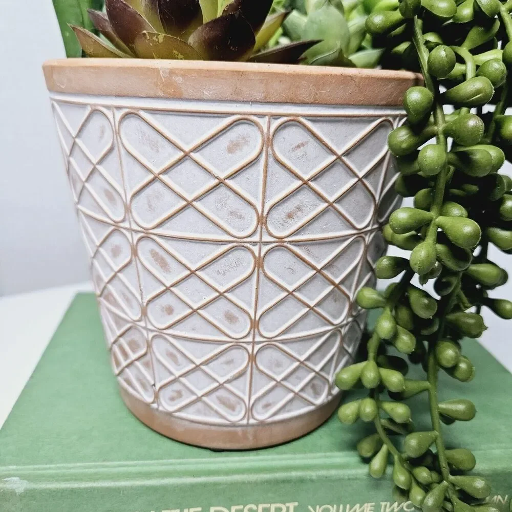 Small Terracotta Planter Raised Pattern With Brushed White 5 Inches Bohemian Pot